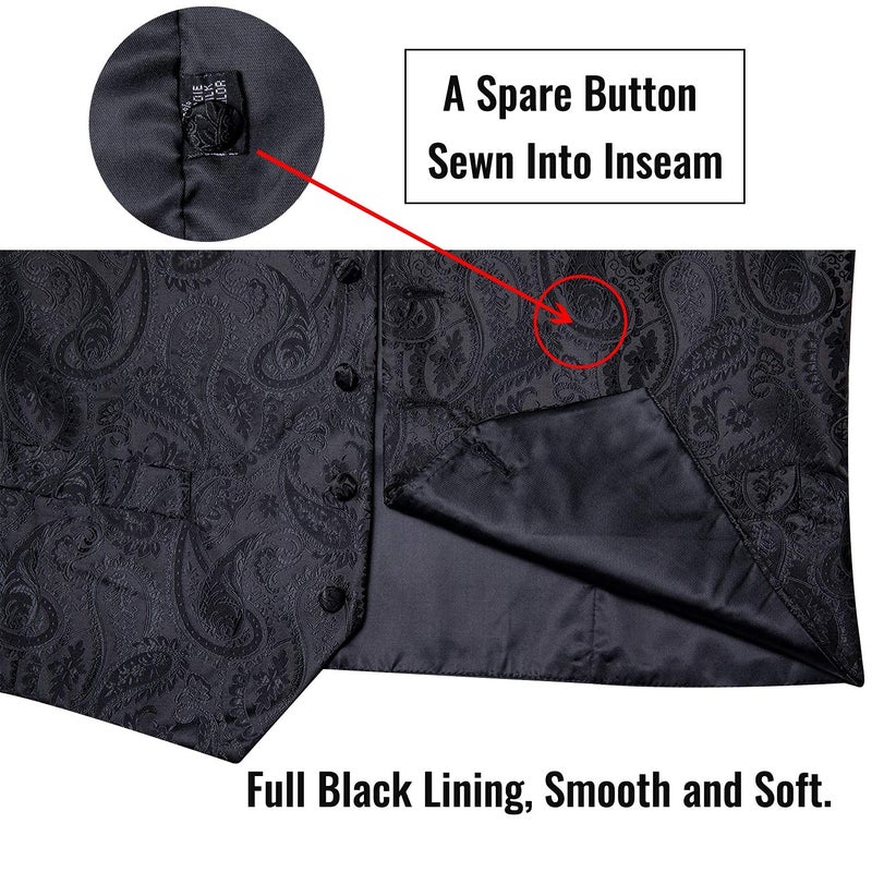 DiBanGu Mens Vest and Tie Set Formal Paisley Waistcoat and Necktie Pocket Square Cufflinks Silk Suit Vest for Tuxedo Wedding, Black, Medium - Image 3